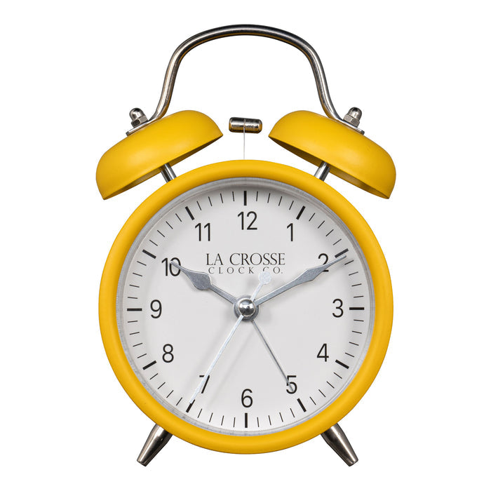 Head-on image of the 617-3314MY Metal Twin Bell Alarm Clock – Mustard Yellow, the clock features a white dial with black numbers, silver hands and accents, in a mustard yellow metal case.