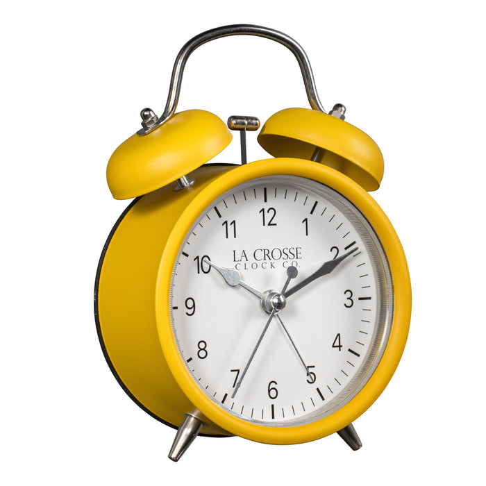 Right-facing image of the 617-3314MY Metal Twin Bell Alarm Clock – Mustard Yellow, the clock features a white dial with black numbers, silver hands and accents, in a mustard yellow metal case.