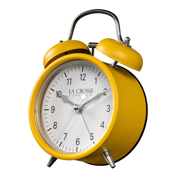 Left-facing image of the 617-3314MY Metal Twin Bell Alarm Clock – Mustard Yellow, the clock features a white dial with black numbers, silver hands and accents, in a mustard yellow metal case.