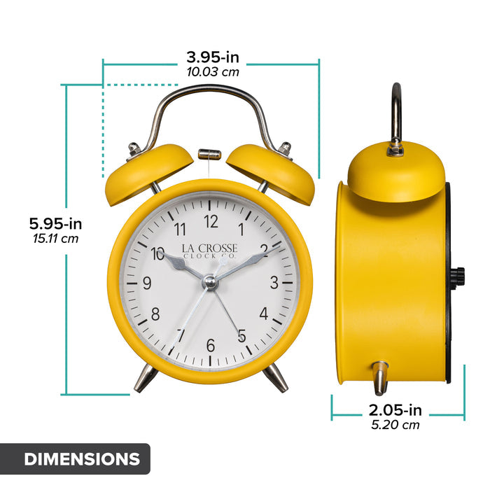 Dimension image of the 617-3314MY Metal Twin Bell Alarm Clock – Mustard Yellow, the clock features a white dial with black numbers, silver hands and accents, in a mustard yellow metal case. The dimensions read 3.95 in wide and 5.95 in tall with a depth of 2.05 in.