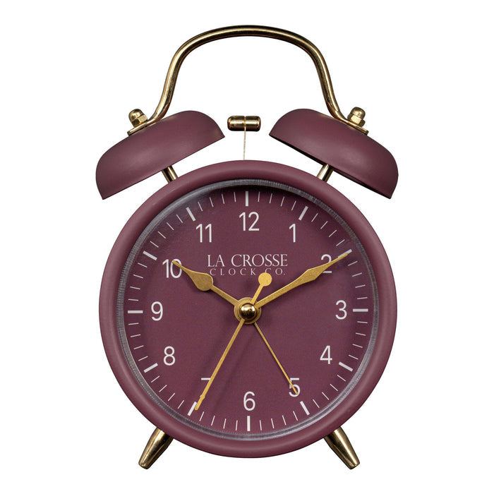 Head-on image of the 617-3314RR Metal Twin Bell Alarm Clock – Ruby Red, the clock features a ruby red dial with white numbers, gold hands and accents, in a ruby red metal case.