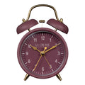 Head-on image of the 617-3314RR Metal Twin Bell Alarm Clock – Ruby Red, the clock features a ruby red dial with white numbers, gold hands and accents, in a ruby red metal case.