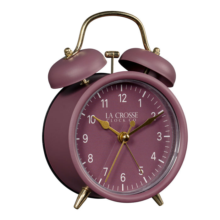 Right-facing image of the 617-3314RR Metal Twin Bell Alarm Clock – Ruby Red, the clock features a ruby red dial with white numbers, gold hands and accents, in a ruby red metal case.