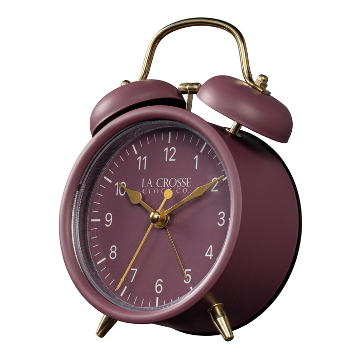 Left-facing image of the 617-3314RR Metal Twin Bell Alarm Clock – Ruby Red, the clock features a ruby red dial with white numbers, gold hands and accents, in a ruby red metal case.