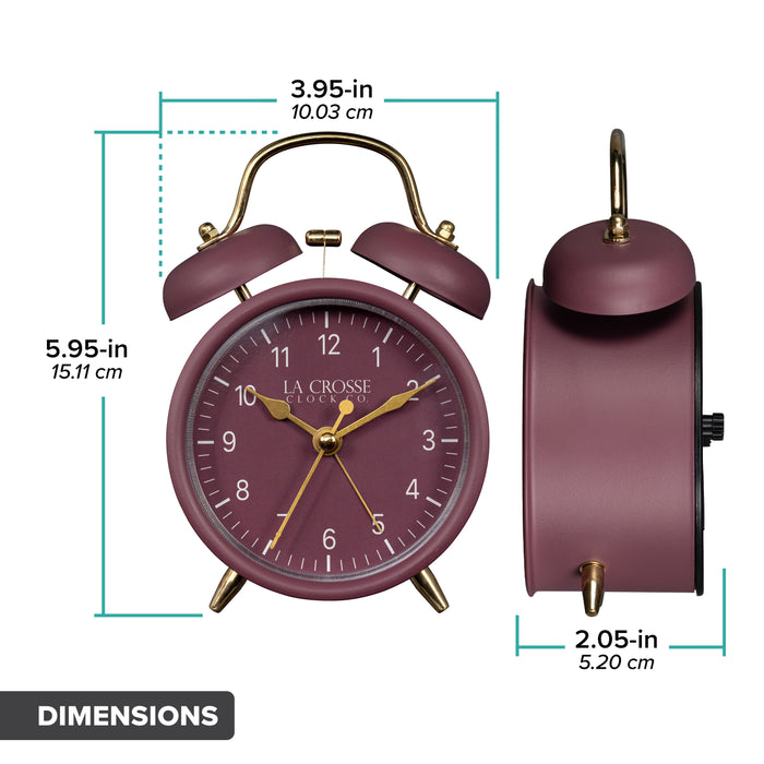 Dimension image of the 617-3314RR Metal Twin Bell Alarm Clock – Ruby Red, the clock features a ruby red dial with white numbers, gold hands and accents, in a ruby red metal case. The dimensions read 3.95 in wide and 5.95 in tall with a depth of 2.05 in.