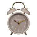 Head-on image of the 617-3314TP Metal Twin Bell Alarm Clock – Taupe, the clock features a taupe dial with white numbers, gold hands and accents, in a taupe metal case.