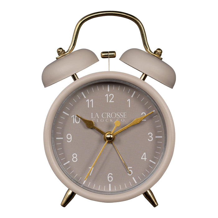 Head-on image of the 617-3314TP Metal Twin Bell Alarm Clock – Taupe, the clock features a taupe dial with white numbers, gold hands and accents, in a taupe metal case.