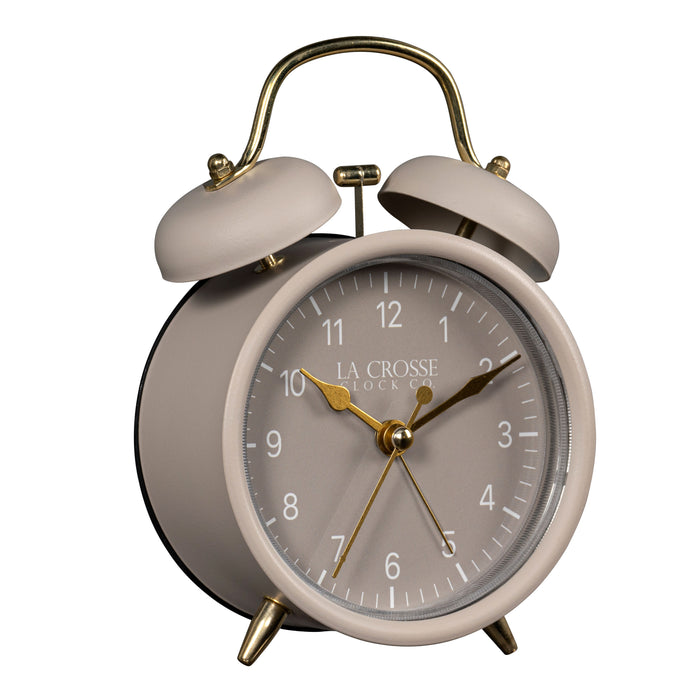 Right-facing image of the 617-3314TP Metal Twin Bell Alarm Clock – Taupe, the clock features a taupe dial with white numbers, gold hands and accents, in a taupe metal case.