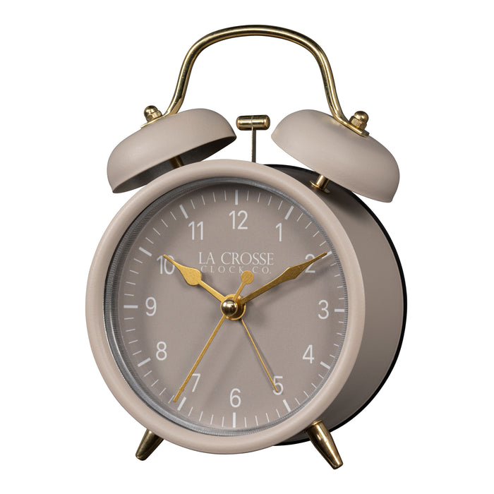 Left-facing image of the 617-3314TP Metal Twin Bell Alarm Clock – Taupe, the clock features a taupe dial with white numbers, gold hands and accents, in a taupe metal case.