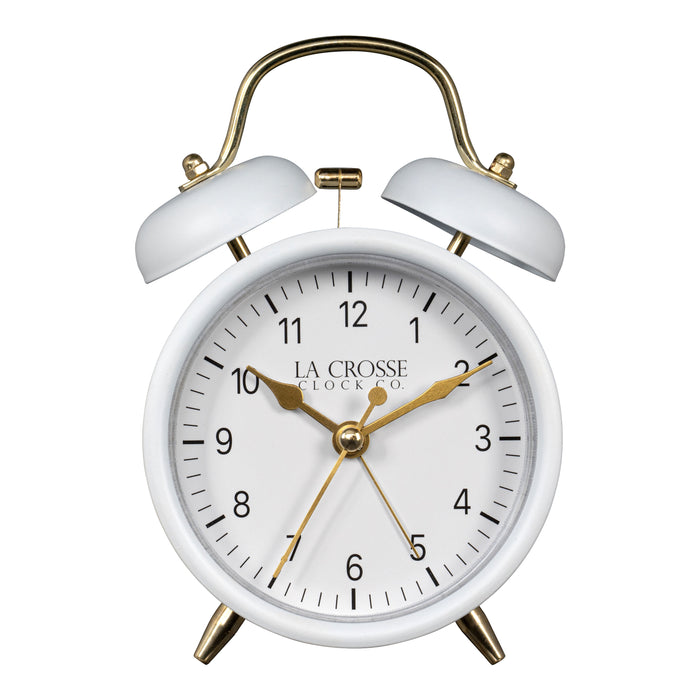 Head-on image of the 617-3314W Metal Twin Bell Alarm Clock – White, the clock features a white dial with black numbers, gold hands and accents, in a white metal case.