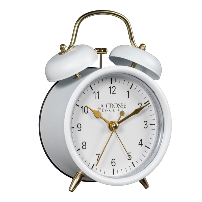 Right-facing image of the 617-3314W Metal Twin Bell Alarm Clock – White, the clock features a white dial with black numbers, gold hands and accents, in a white metal case.