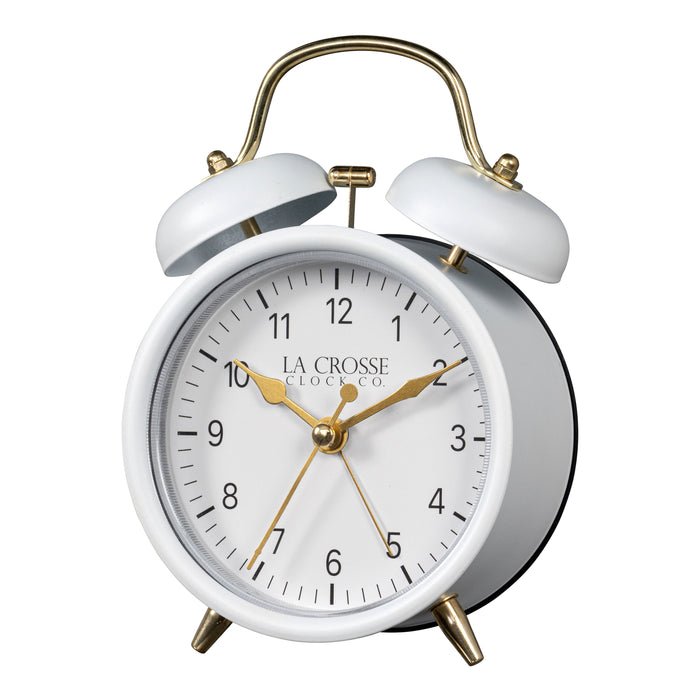 Left-facing image of the 617-3314W Metal Twin Bell Alarm Clock – White, the clock features a white dial with black numbers, gold hands and accents, in a white metal case.