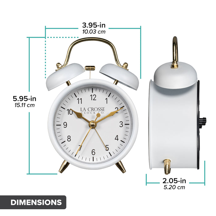 Dimension image of the 617-3314W Metal Twin Bell Alarm Clock – White, the clock features a white dial with black numbers, gold hands and accents, in a white metal case. The dimensions read 3.95 in wide and 5.95 in tall with a depth of 2.05 in.
