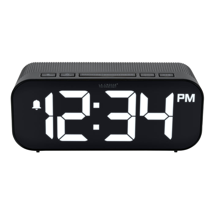 Head-on top view image of the 617-714 Insta-Set Digital LED Alarm Clock with Bluetooth® Technology - Black, showing the buttons. The alarm clock features large white digits, a PM indicator, and an alarm icon in a black case.