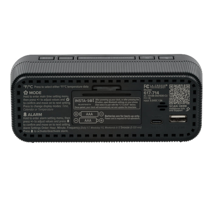 Back image of the 617-714 Insta-Set Digital LED Alarm Clock with Bluetooth® Technology in Black, showing the buttons, the battery compartment, the USB-C power port, the USB-A charging port, and the operating instructions.