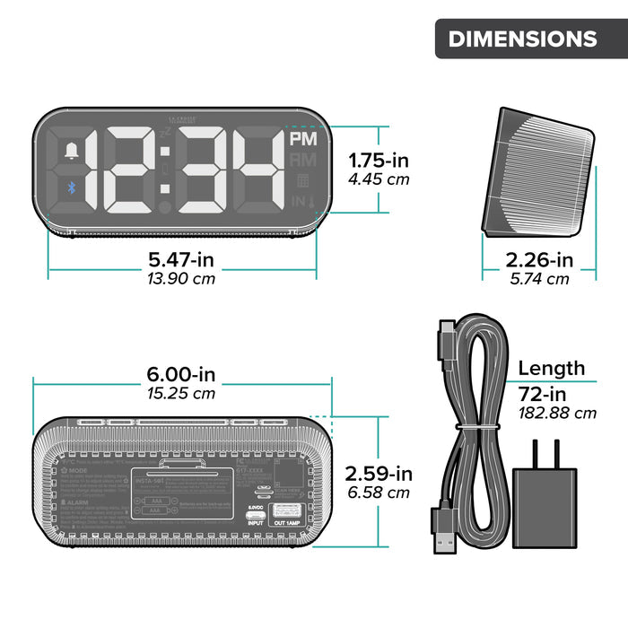 Orthographic image of the 617-714 Digital LED Alarm Clock with Bluetooth® Technology series. The image shows the alarm clock dimensions in inches and centimeters. The clock measures 6.00 inches in length, 2.59 inches in height,  and the included power cord is 72 inches long.
