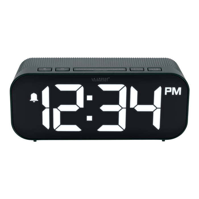 Top view image of the five buttons of the 617-714G Insta-Set Digital LED Alarm Clock with Bluetooth® Technology - Green. The alarm clock features large white digits, a PM indicator, and an alarm icon in a green case.