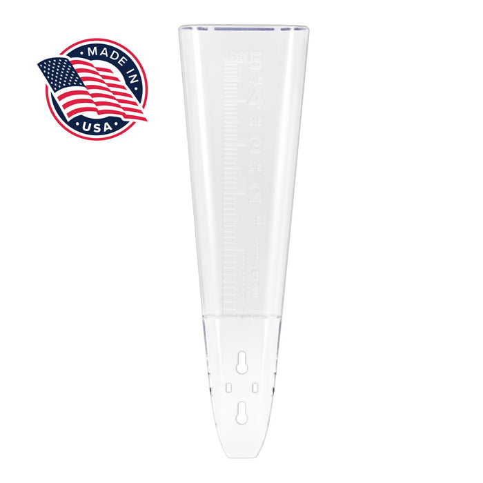 704-5331 USA-Made Clear Measure Rain Gauge headon image with a "Made in USA" badge with a flag