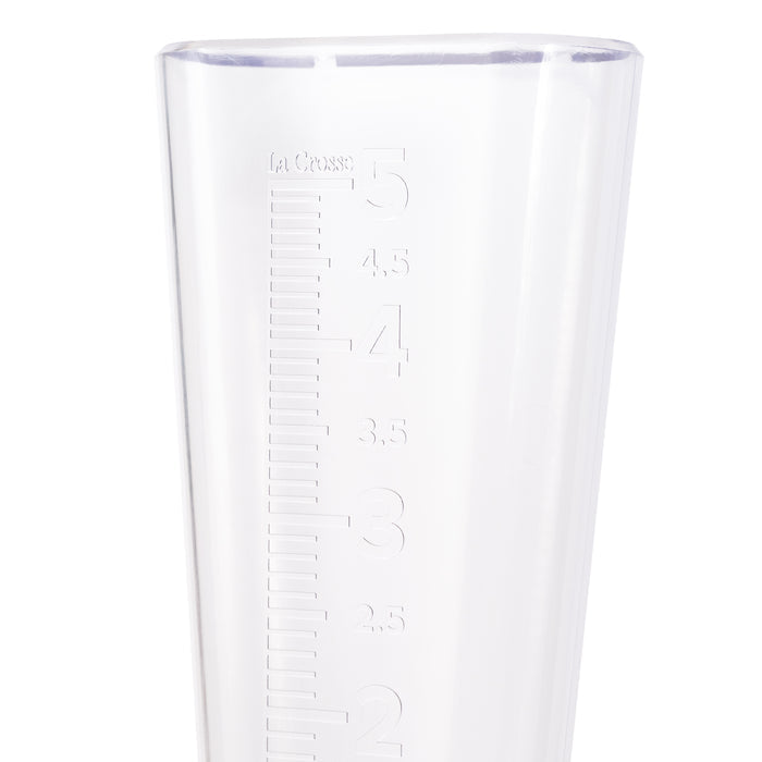 704-5331 USA-Made Clear Measure Rain Gauge head on close up showing the measuring increments with numbers and hash marks up to 5 inches