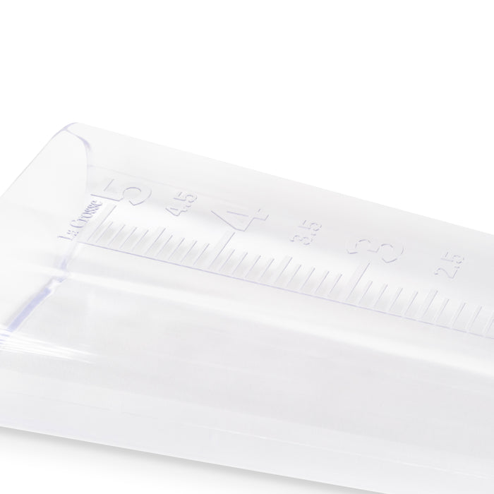 704-5331 USA-Made Clear Measure Rain Gauge laying down close up showing the measuring increments with numbers and hash marks up to 5 inches
