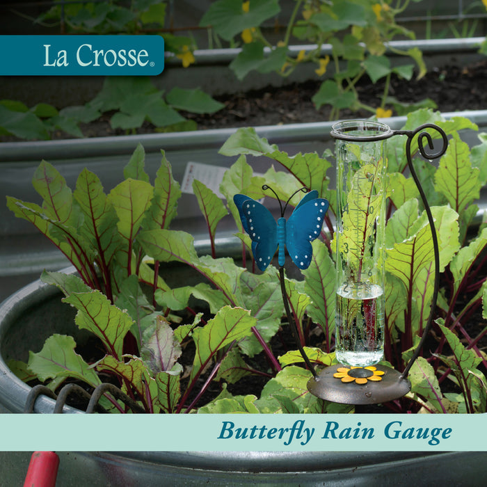 704-71077 Butterfly rain gauge with plants and La Crosse branding