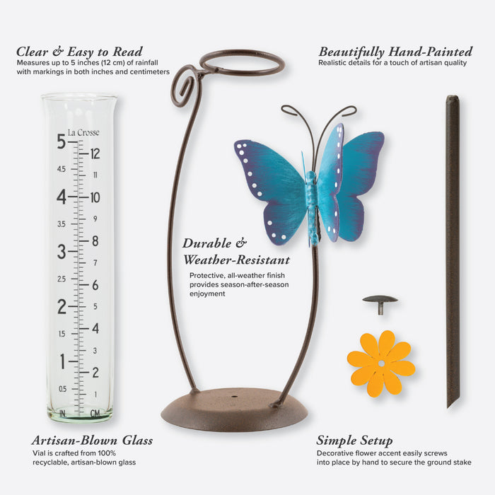 704-71077 Butterfly-themed rain gauge with clear glass container and metal stand on a white background