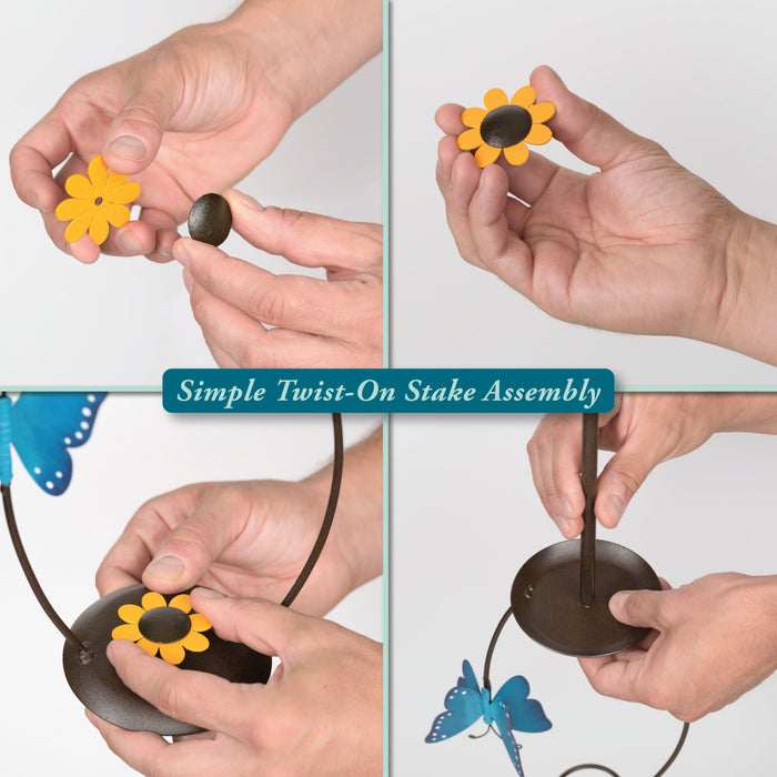 704-71077 Step-by-step assembly of a decorative stake with flowers and butterflies.