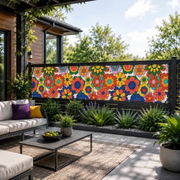 70s Floral Outdoor Balcony Cover – Retro Waterproof Fence Privacy Screen - Retro Privacy Screen