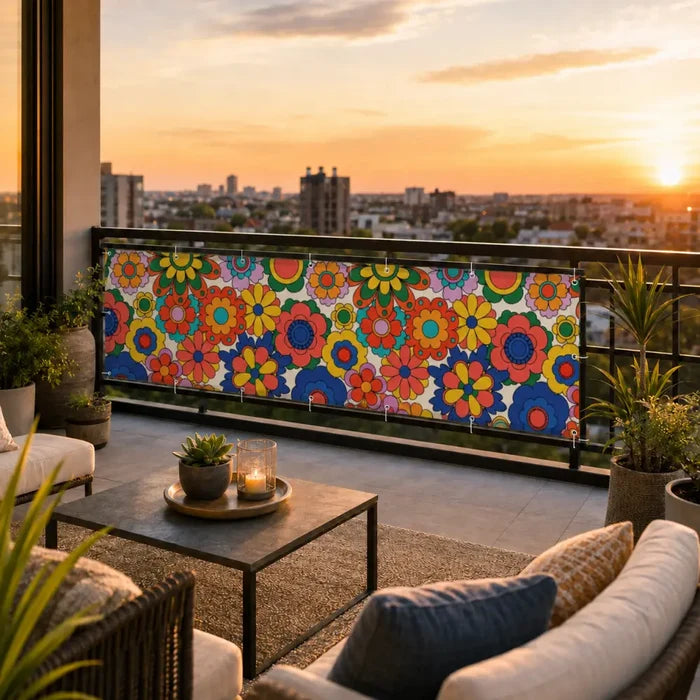70s Floral Outdoor Balcony Cover – Retro Waterproof Fence Privacy Screen - Retro Privacy Screen