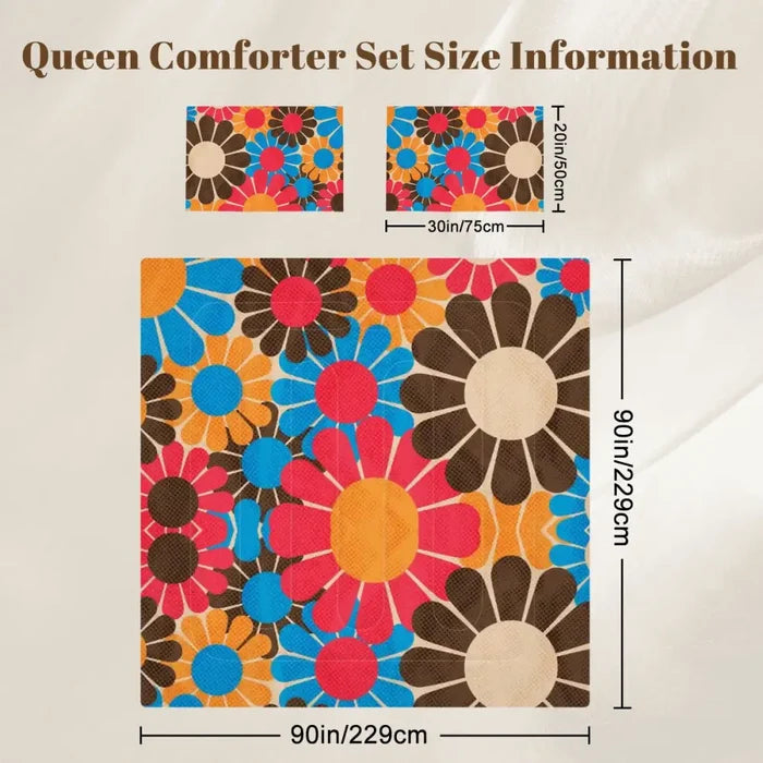 70s Flower Power Comforter Set: Queen Size Retro Floral Microfiber Bedding - One Size - retro bedding
