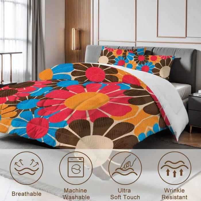 70s Flower Power Comforter Set: Queen Size Retro Floral Microfiber Bedding - One Size - retro bedding