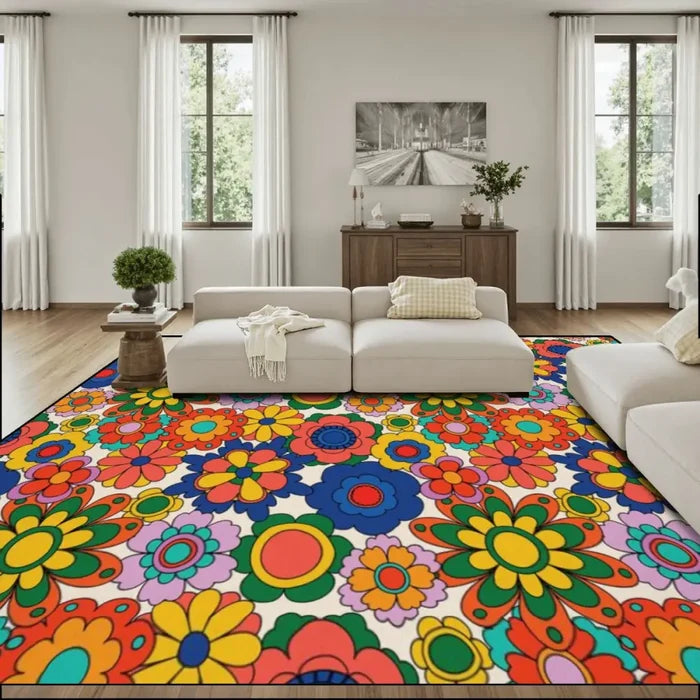 70s Flower Power Retro Midcentury Rug – Floral Soft Non-Slip Area Carpet - 144’’x108’’ - retro rug