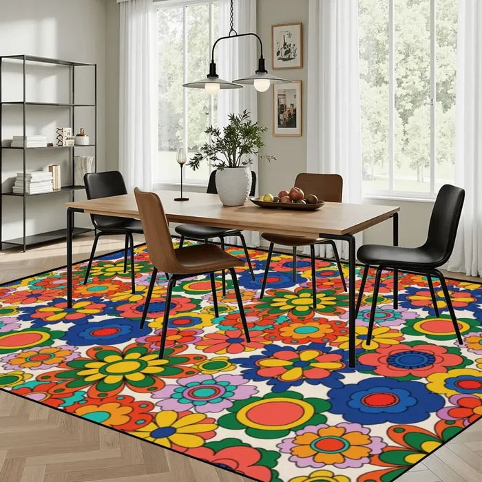 70s Flower Power Retro Midcentury Rug – Floral Soft Non-Slip Area Carpet - retro rug
