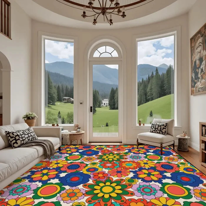 70s Flower Power Retro Midcentury Rug – Floral Soft Non-Slip Area Carpet - retro rug
