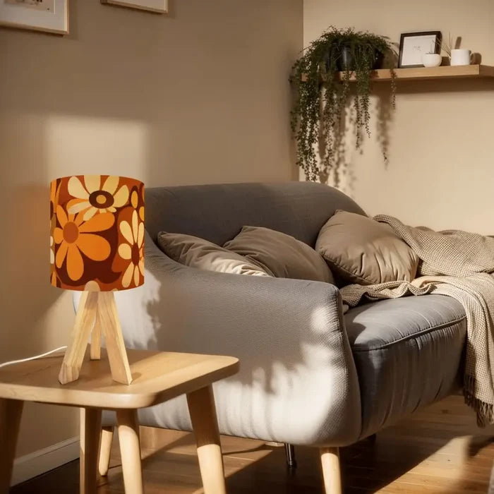 70s Flower Power Retro Wooden Tripod Table Lamp – Smart LED Midcentury Light - retro table lamps