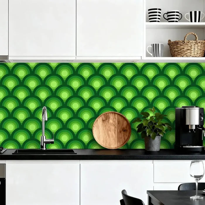 70s Green Retro Stick & Peel Kitchen Wall Panel Kit: Waterproof PVC Tiles - retro wallpaper