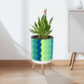 70s Midcentury Scandi Style Plant Pot with Wooden Legs Wavy Blue Green - retro plant pot