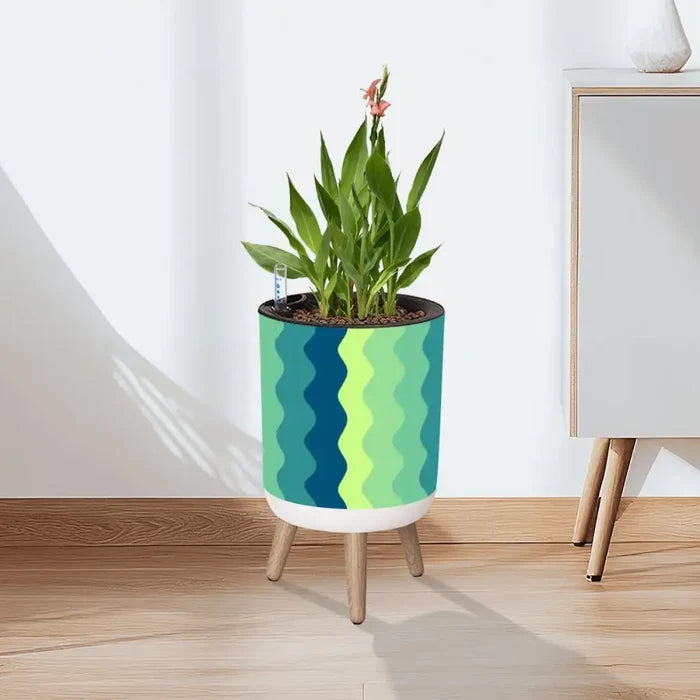 70s Midcentury Scandi Style Plant Pot with Wooden Legs Wavy Blue Green - retro plant pot
