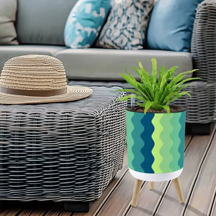 70s Midcentury Scandi Style Plant Pot with Wooden Legs Wavy Blue Green - retro plant pot