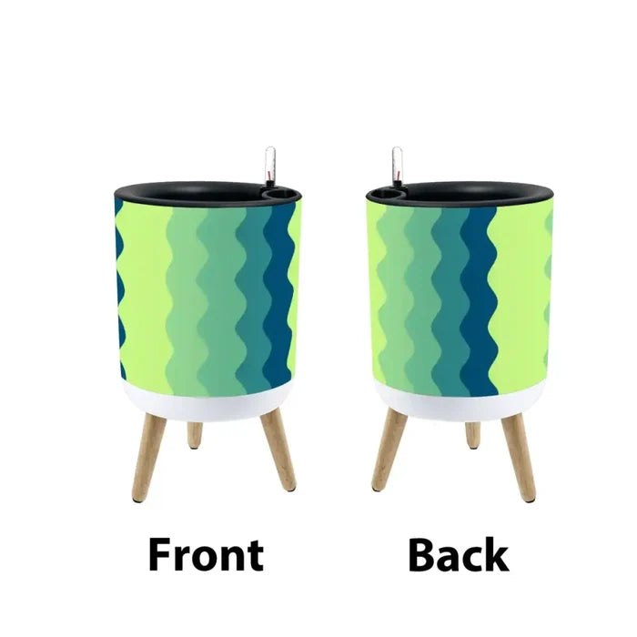 70s Midcentury Scandi Style Plant Pot with Wooden Legs Wavy Blue Green - retro plant pot