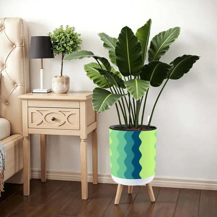 70s Midcentury Scandi Style Plant Pot with Wooden Legs Wavy Blue Green - retro plant pot