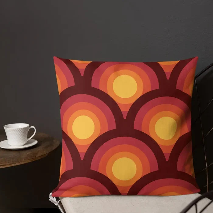 70s Retro Peacock Eyes Pattern Premium THROW PILLOW Yellow Orange Red - retro pillow