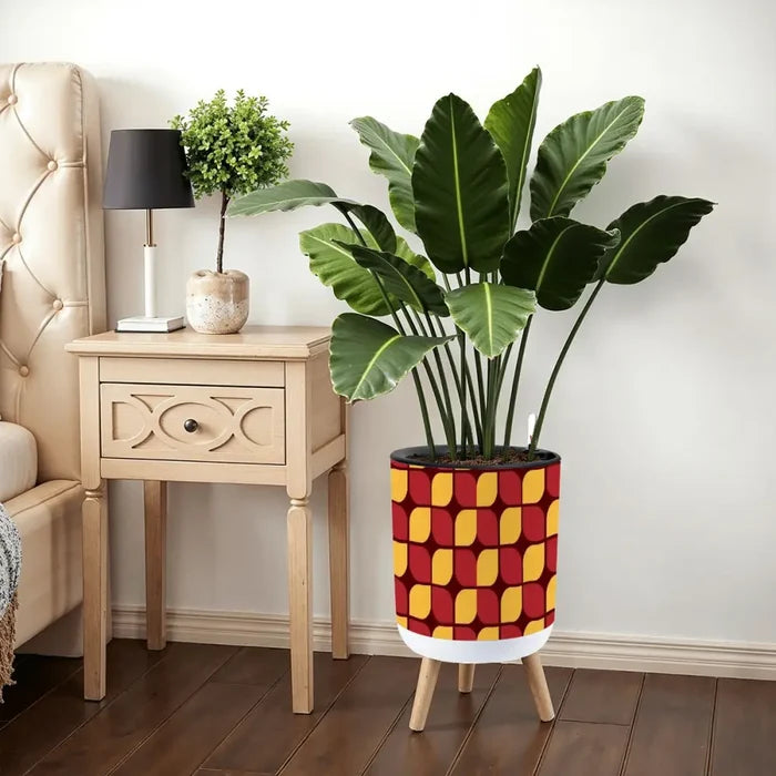 70s Scandi Style Plant Pot Wooden Legs Geometric Pattern - Home Accessories