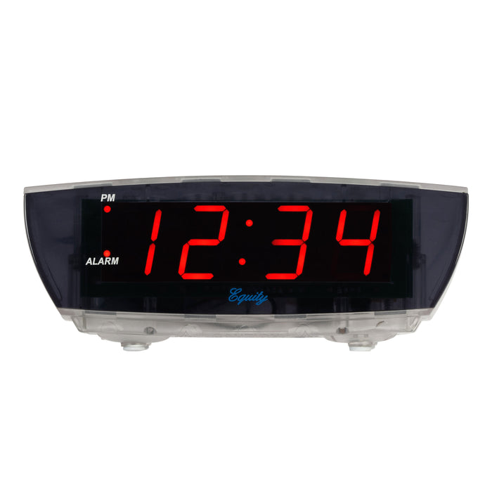 Head-on image of the 75908 0.9-inch Red LED Clear Case Alarm Clock. The digital alarm clock features red digits with a black lens, PM and ALARM indicators, and is in a clear case.