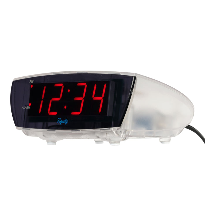 Left-facing image of the 75908 0.9-inch Red LED Clear Case Alarm Clock. The digital alarm clock features red digits with a black lens, PM and ALARM indicators, and is in a clear case.