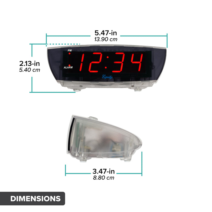 Dimension image of the 75908 0.9-inch Red LED Clear Case Alarm Clock. The digital alarm clock features red digits with a black lens, PM and ALARM indicators, and is in a clear case. The dimesnisons appear in inches and centimeters. The clock is 5.47 in by 3.47 in by 2.13 tall.