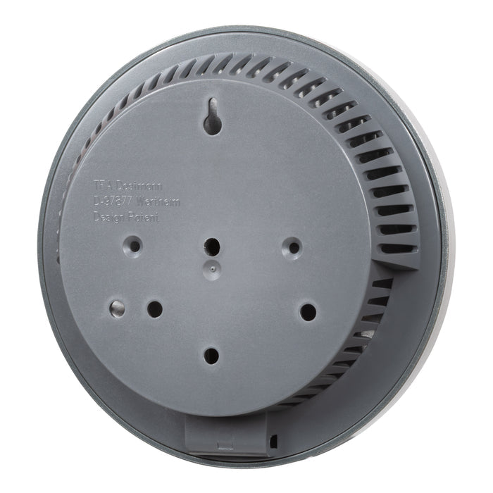 Back image of the 914-612 Sauna Thermometer and Hygrometer showing the hanging keyhole and calibration access points.