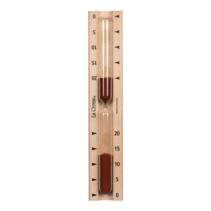 918-631 Sauna Hourglass Timer showing the wood casing, glass tube, and red sand with markings 0 to 20 minutes, the La Crosse logo with approximately 8 minutes left on the timer