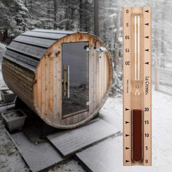 918-631 Sauna Hourglass Timer showing the wood casing, glass tube, and red sand with markings 0 to 20 minutes and the La Crosse logo superimposed over a lifestyle image of an outdoor Sauna in winter