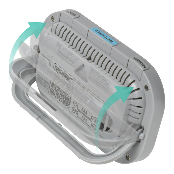 Back-angled image of the  919-147 Digital plant care timer with temperature and humidity. Battery-operated, the timer features a white and gray case with a kickstand, hanging hole, and battery compartment. The three buttons are shown across the top with instructions on the back of the timer. There are teal arrows to show how the pull-down kickstand operates.